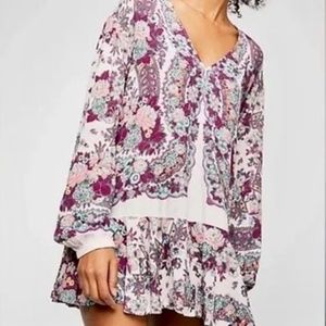 FREE PEOPLE Women’s Pink Floral Scarf Print V Neckline Long Sleeve Tunic Top